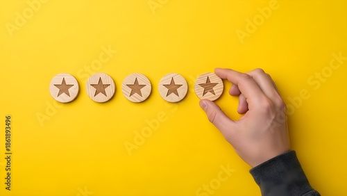 A hand placing a star rating token in a line of five on a yellow background with a close-up perspective.