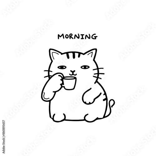 Happy Cat Drinks a Coffee Hand Drawn Sketch Vector Illustration. Breakfast Icon Line Art Drawing. Cat Coffee Lover Simple Modern Contour Drawing. 