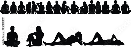 Black silhouettes of people sitting and lying down, group of men and women in various relaxed poses, isolated on white background