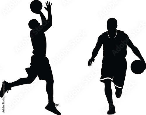 Black vector silhouettes of basketball players in action, jumping to shoot and dribbling the ball, sports icons on white background,