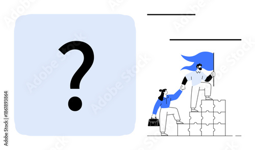 Teamwork, leadership, problem-solving, goal achievement, motivation, strategy visualization. Two figures assembling puzzle blocks, holding a flag. Teamwork and leadership creatively