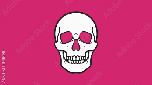 A striking minimalist graphic skull design featuring vibrant pink eye sockets, representing mortality and contemporary style
