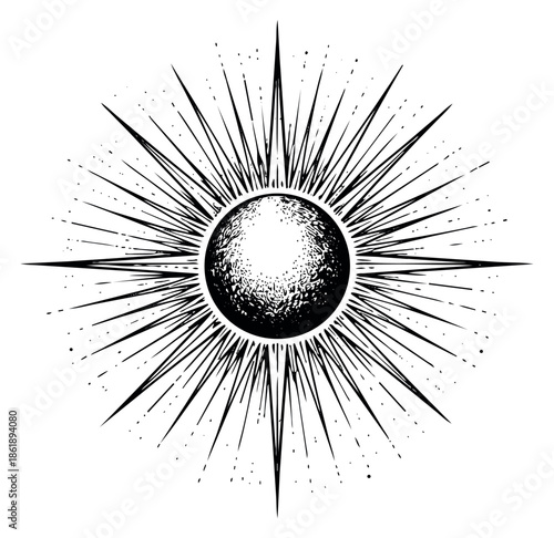 Hand drawn illustration of a celestial body depicting a radiating sunburst for esoteric design