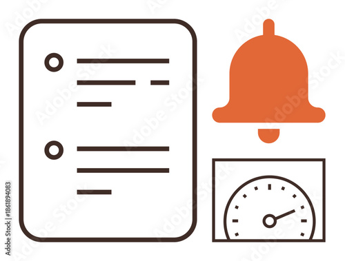 Digital task checklist, alert bell, and simple speedometer gauge. Ideal for productivity, notifications, monitoring, alerts, time management performance organization. Minimalist flat metaphor