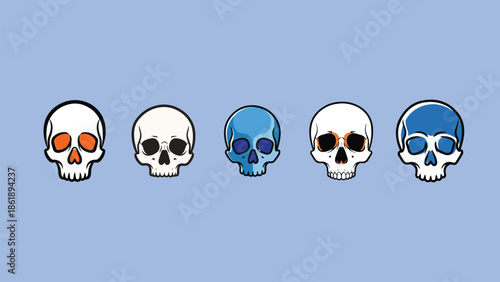 Five stylized cartoon skulls with varying colors arranged in a horizontal row on a light blue background.
