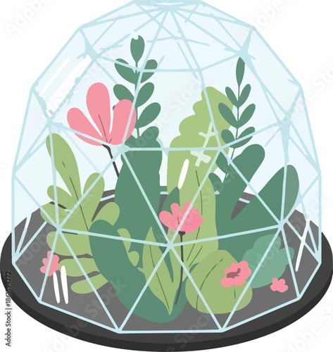 Illustration of a geometric glass terrarium filled with various green plants and pink flowers