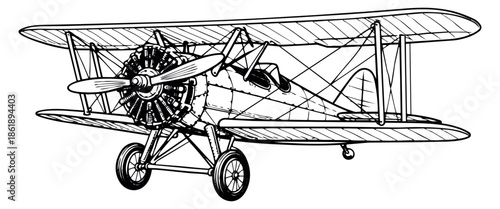 Hand drawn line art illustration of a vintage biplane depicting a classic aircraft for aviation history