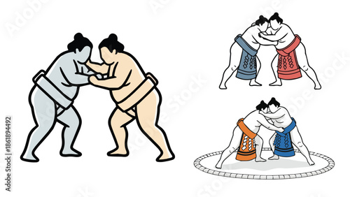 Vector illustrations of sumo wrestlers grappling in traditional mawashi, showcasing the ancient Japanese sport.