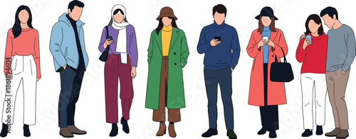 Diverse group of men and women in winter coats and casual outfits standing, multicultural people using smartphones, flat vector illustration
