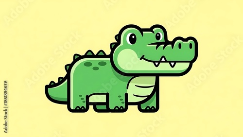 Cartoon Green Crocodile Illustration on Yellow.