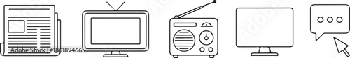 Five media and communication icons vector illustration newspaper TV radio monitor chat isolated on white background