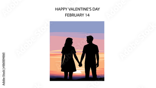 A romantic Valentine's Day silhouette of a couple holding hands against a vibrant sunset with pink, orange, and purple hues, conveying love and affection on February 14.