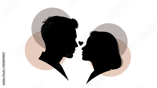 Vector illustration of a romantic couple's silhouettes facing each other with a heart between them, set against a Valentine's Day themed background with overlapping circles in pastel shades