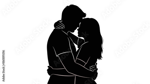Vector silhouette of a couple embracing on Valentine's Day against a clean white background, conveying love and affection.