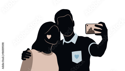A vector silhouette of a couple taking a selfie on Valentine's Day with a heart design on their clothing against a clean white background.