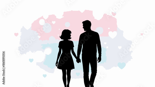 A black silhouette of a couple holding hands stands against a pastel-colored background with pink, blue, and white hearts for Valentine’s Day, in a vector graphic.