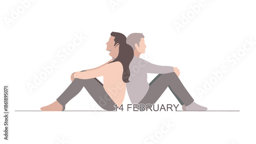 A minimalist vector illustration of a man and woman sitting back to back on Valentine's Day, depicted in a simple silhouette style against a clean white background.