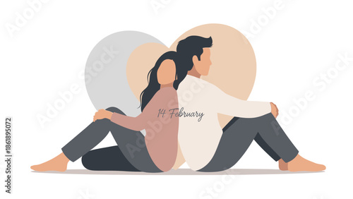 A vector illustration of a young couple sitting back to back in a loving silhouette pose on Valentine's Day, with a heart-shaped background in a minimalist style.