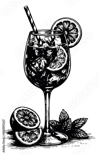 Hand drawn line art illustration of a cocktail drink depicting ice, lemon and mint garnishes for summer menus and bar designs