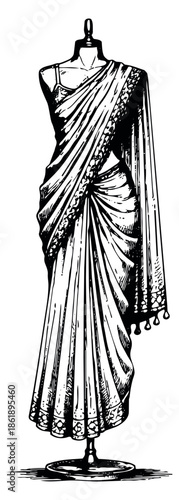 Hand drawn line art illustration of a sari on a mannequin depicting traditional indian attire for fashion or cultural design