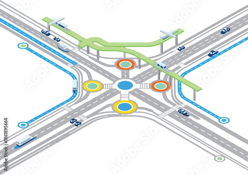Isometric illustration of a complex multimodal transportation interchange