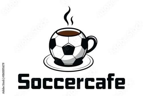 Soccer ball shaped coffee cup with steam and saucer text Soccercafe football