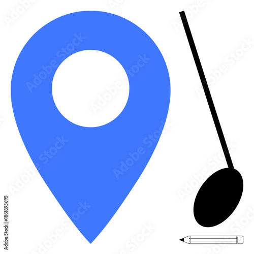 Navigation, creativity, music, education, mapping tools, art. A blue map pin, black musical note and pencil. Navigation and creativity concepts through symbolic elements