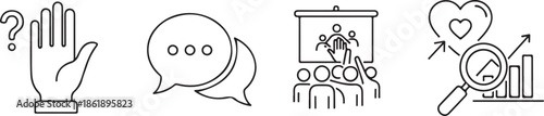 Four line vector illustration icons depicting communication business and support concepts isolated on white background