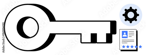 Key alongside gear icon and profile document with ratings. Represents concepts of access, identity management, data security, and authentication. Ideal for identity verification, cybersecurity