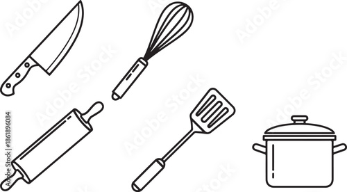 Kitchen utensils set icon vector illustration including spatula whisk knife and rolling pin isolated on white background