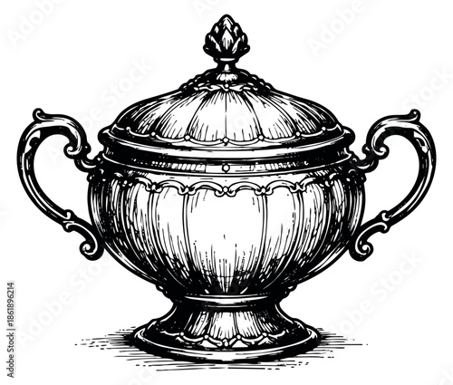 Hand drawn illustration of an ornate lidded bowl depicting elegant design for vintage decor