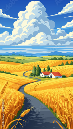 Golden Harvest Field vector illustration with a winding road leading to a farmhouse under a vast, cloudy sky, idyllic countryside scene