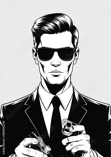 058-25-Mysterious man in sunglasses and suit with two guns, a secret agent or security person