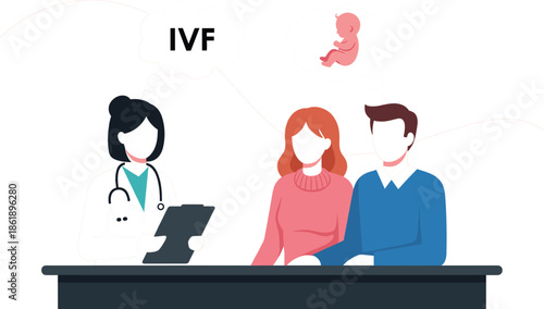 IVF fertility treatment consultation vector illustration with doctor couple and embryo symbol for healthcare medical concept design