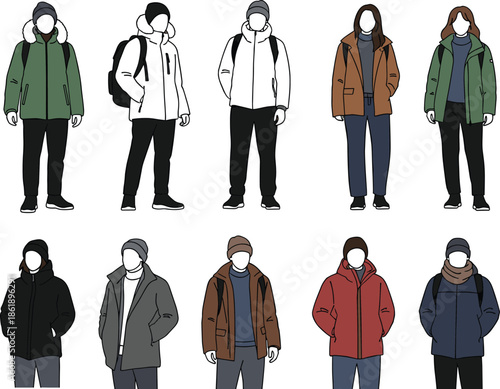 Set of minimalist line art illustrations showing various people in winter clothes jackets and beanies for seasonal fashion and travel
