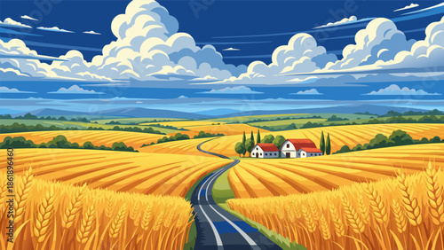 Vibrant vector illustration of a scenic rural landscape with golden wheat fields and a winding road leading to a farmhouse under a cloudy sky