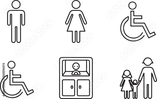 Restroom accessibility icon illustration vector showing male female disabled and family symbols isolated on white background.