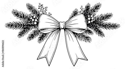 Hand drawn line art illustration of a christmas bow with fir branches and berries depicting a festive decoration for winter holidays and celebrations