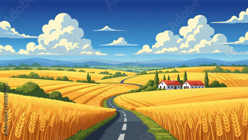 Vibrant vector illustration of a scenic countryside road winding through golden wheat fields under a bright blue sky with fluffy clouds, evoking a sense of rural tranquility and agricultural abundance