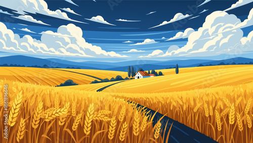 Beautiful summer vector illustration of a golden wheat field with a farmhouse and blue sky with clouds