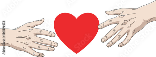 Two hands reaching toward a central red heart icon symbolizing love connection romance support charity and kindness in flat vector style