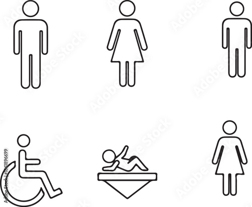 Set of six gender and accessibility restroom symbols vector illustration icon collection isolated on white background