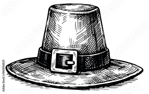 Hand drawn line art illustration of a pilgrim hat depicting traditional colonial headwear for historical and holiday themes