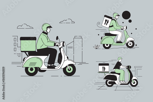 Flat Vector Illustration of Delivery Courier Riding Scooter for Online Food Delivery Service