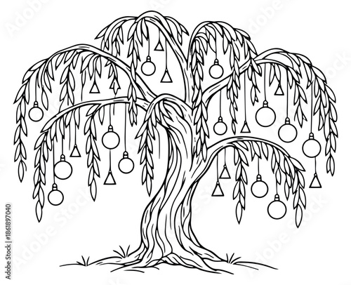 Hand drawn line art illustration of a weeping willow tree depicting hanging ornaments for festive designs