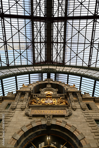Details of antwerp central station. Details of roof, entrance, ceiling and concourse.