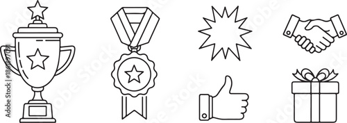 Six line icons representing success reward and agreement, a vector illustration isolated on white background