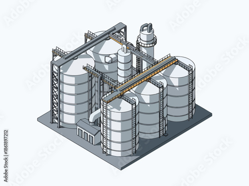 Isometric illustration of a grain silo complex with connecting conveyors and support structures