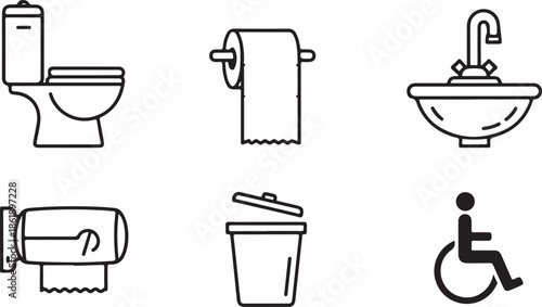 Six public restroom outline vector icons illustration set toilet sink and accessible sign isolated on white background