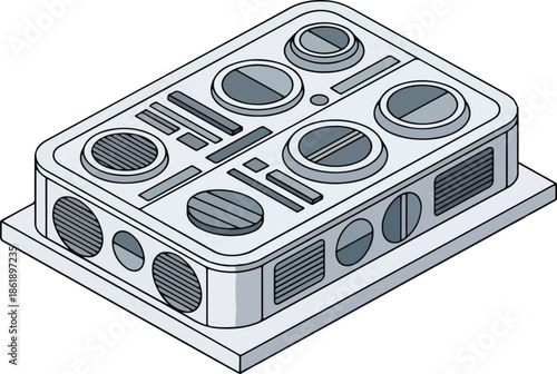 Isometric illustration of a gray rectangular scifi control panel or device
